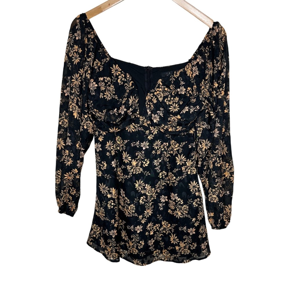 Lulus Floral Print Balloon Sleeve Mini Dress size Medium Black/Gold